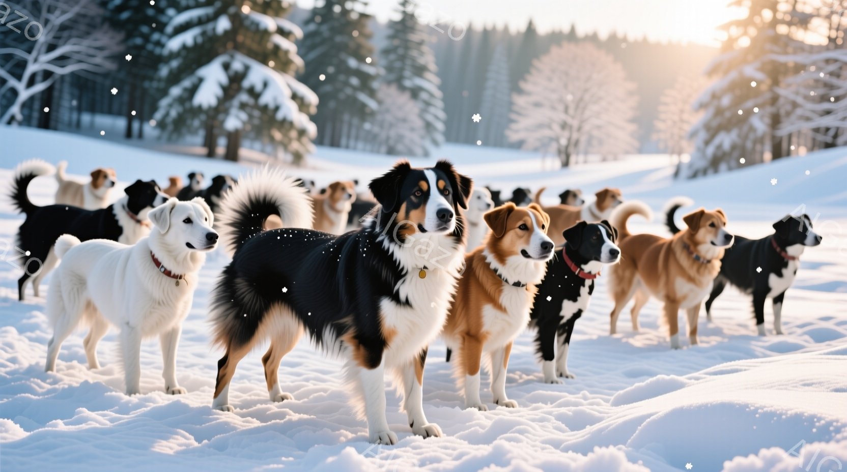 白い雪景色の中に、様々な種類の犬たちが一列に並んで立っている。犬たちはそれぞれ異なる毛色と模様を持ち、好奇心と少しの警戒心を表す表情をしている。背景には雪をまとった木々が広がり、穏やかで冬らしい雰囲気 - AI生成フリー素材