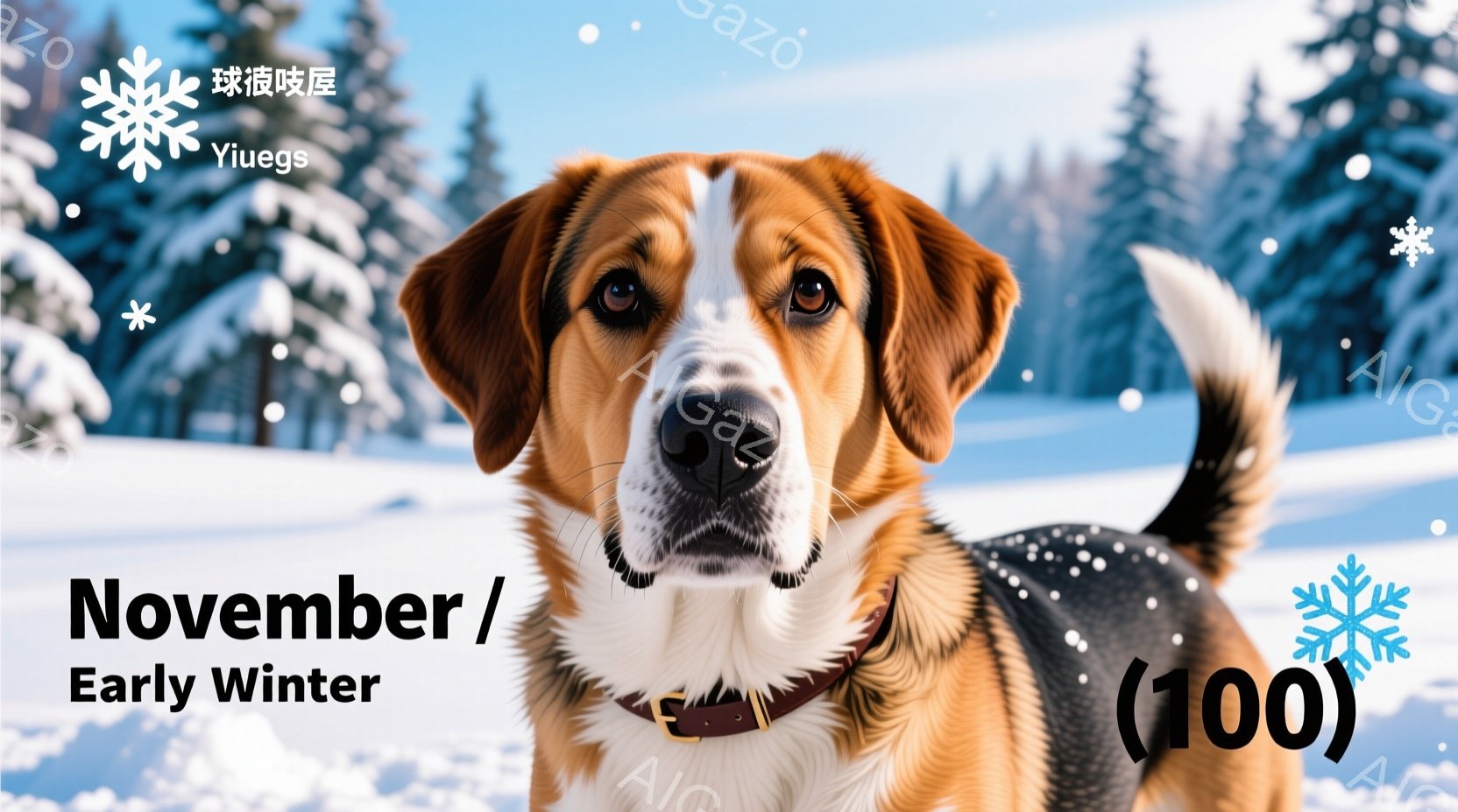 雪が降る冬の日に、茶色と白の毛並みを持つ犬がこちらを見つめています。赤い首輪をつけており、その表情は穏やかで、少し好奇心旺盛そうです。背景には雪に覆われた木々がぼやけており、全体的に静かで温かい雰囲気 - AI生成フリー素材