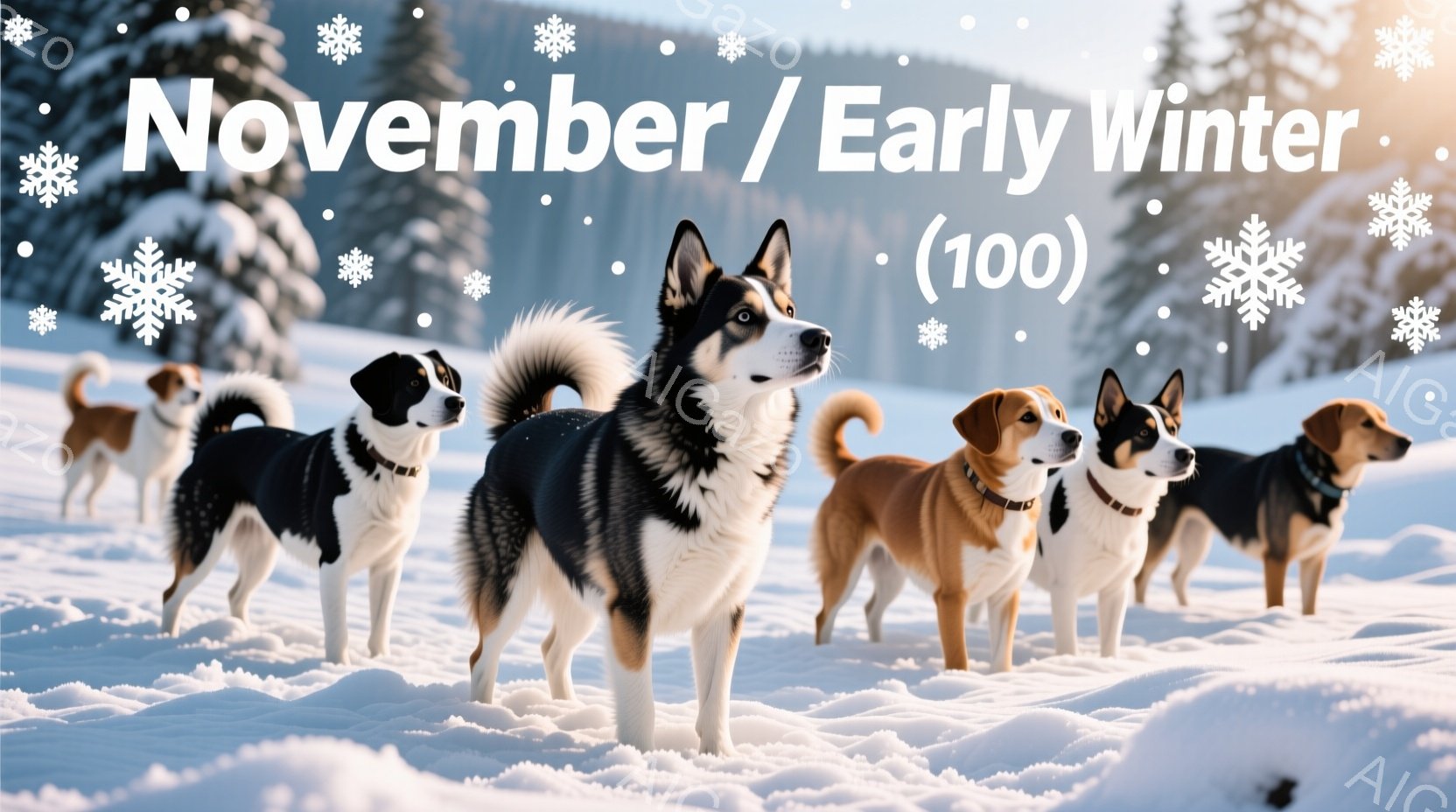 雪景色の中に、様々な種類の犬たちが一列に並んでいます。それぞれの犬は、毛並みが良く、凛々しい表情をしています。背景は雪に覆われた山々と、白く輝く雪原が広がり、冬の静寂と犬たちの活気が対照的な、美しい光 - AI生成フリー素材