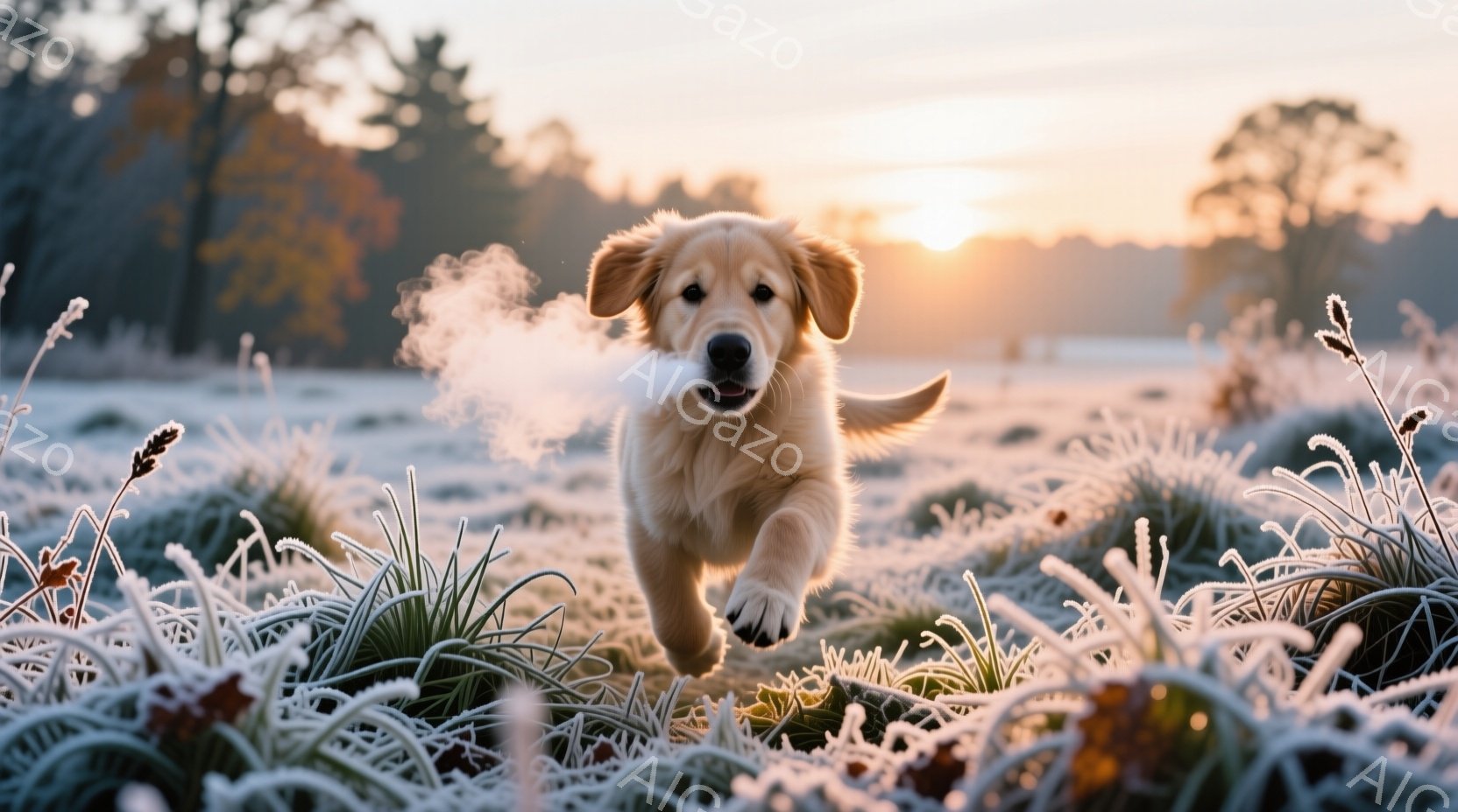 白く霜が降りた草原を、金色のレトリバーの子犬が勢いよく駆けている。吐く息が白い湯気となり、冬の冷え切った空気を表現している。背景にはぼやけた木々と、朝日が差し込む柔らかな光が広がり、暖かく幻想的な雰囲気を醸し出している。