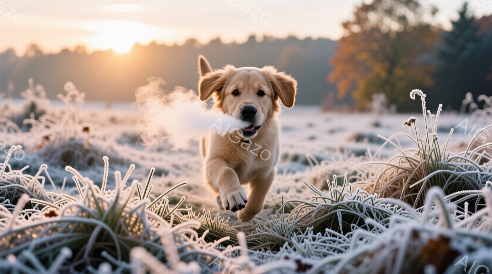 ゴールデンレトリバーの子犬が凍った草の上を走り、息を吐いている様子が捉えられています。背景は朝焼けの空と、霜で覆われた草地が広がり、冷たい空気と暖かい光が混ざり合った冬の風景です。犬の表情は楽しそうで - AI生成フリー素材