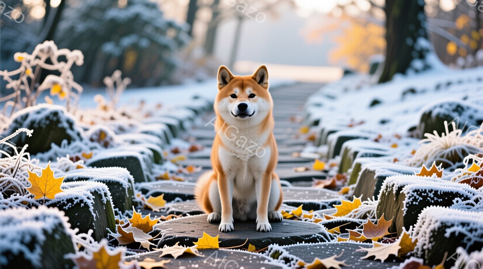 柴犬が、霜で覆われた木製の柵に沿った石畳の道に座っています。犬は正面を向き、穏やかな表情で、少し微笑んでいるように見えます。背景は冬の森で、霜で覆われた木々が並び、全体的に静かで穏やかな雰囲気を醸し出 - AI生成フリー素材