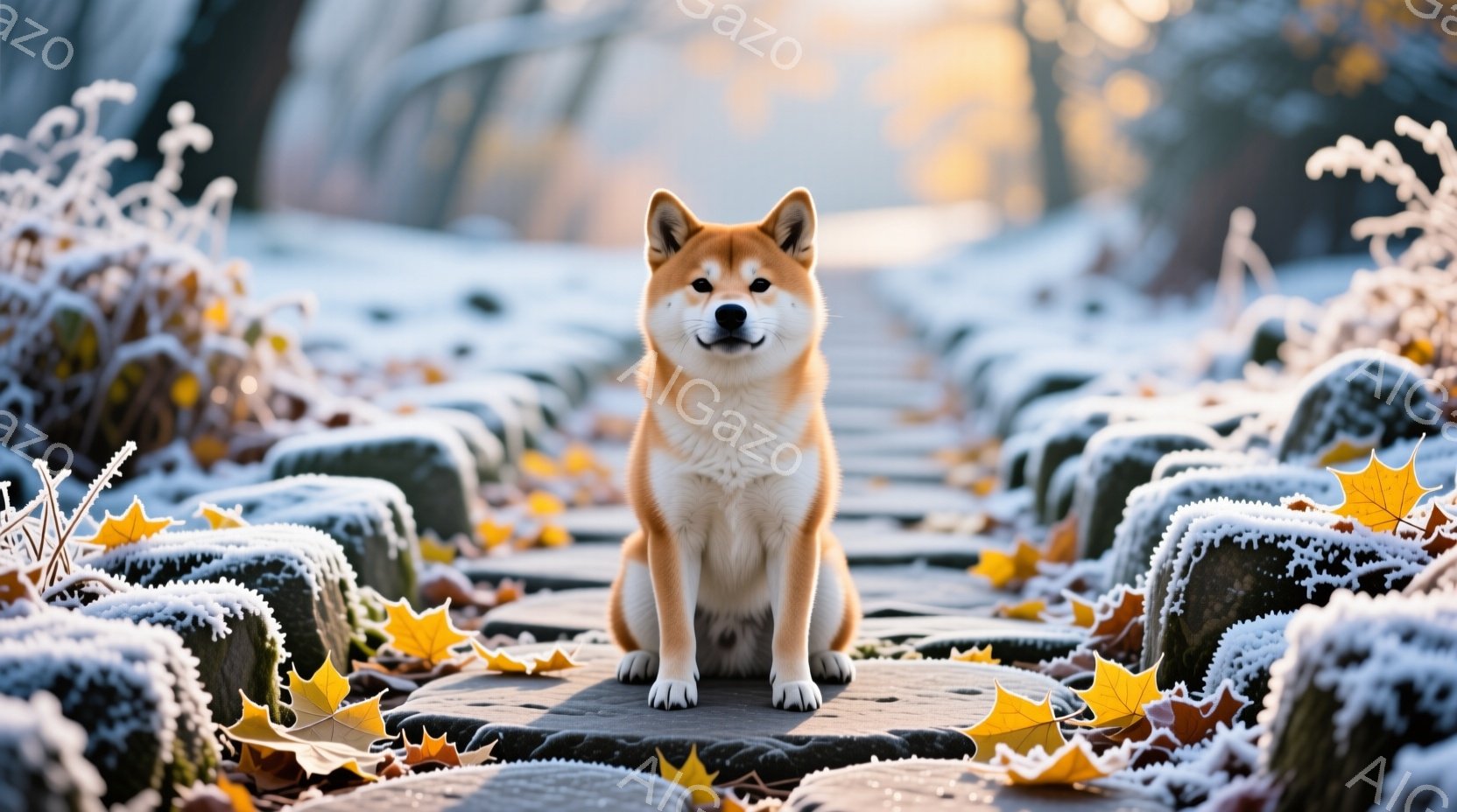 柴犬が霜で覆われた庭園の石畳の道に座っています。犬は正面を向き、穏やかな表情でカメラを見ており、毛並みは鮮やかなオレンジ色と白のコントラストが美しいです。背景には霜で覆われた低い石の縁取りと、ぼんやりとした冬の木々が広がっており、全体的に静かで寒々とした雰囲気を醸し出しています。