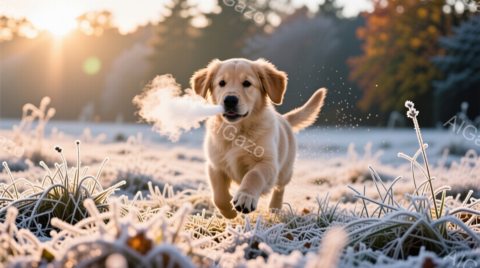 ゴールデンレトリバーの子犬が、霜が降りた草原を勢いよく走り抜けている。吐く息が白く立ち上り、冷たい空気の中で活動的な姿が印象的だ。背景にはぼんやりと木々が見え、朝日に照らされた冬の静寂な風景が広がり、 - AI生成フリー素材