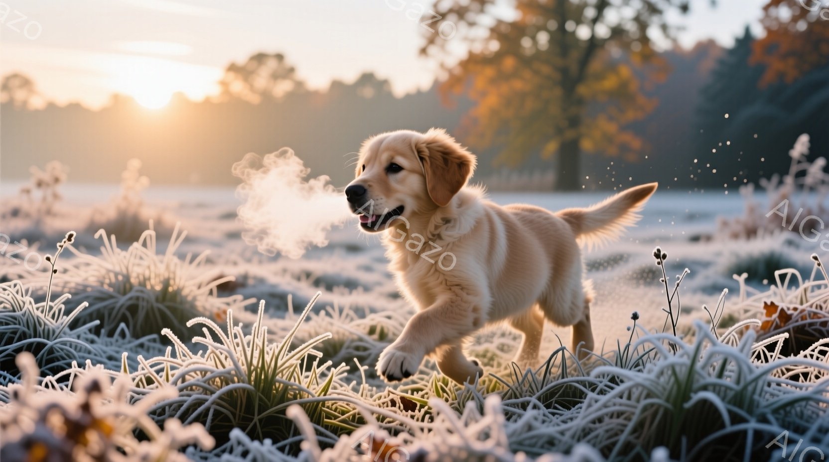 霜で覆われた草原を、金色の毛並みの子犬が駆け抜けている。子犬は口から白い息を吐き出し、楽しそうに前を見据えている。背景には朝日の光が差し込み、木々がシルエットとなって幻想的な雰囲気を醸し出している。 - AI生成フリー素材
