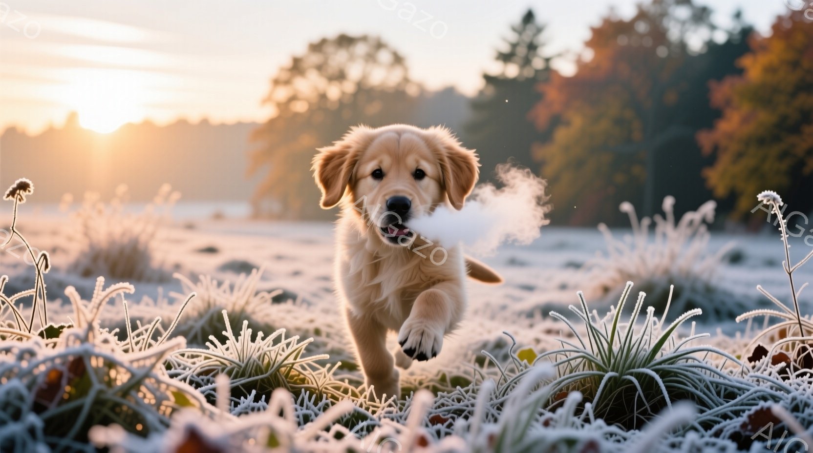 金色の毛並みの子犬が、霜が降りた草むらの中を勢いよく駆け抜けている。吐く息は白い湯気となって漂い、冷たい空気と子犬の活発さが対照的だ。背景には木々が見え、朝日が差し込んでおり、冬の穏やかで可愛らしい雰囲気を醸し出している。
