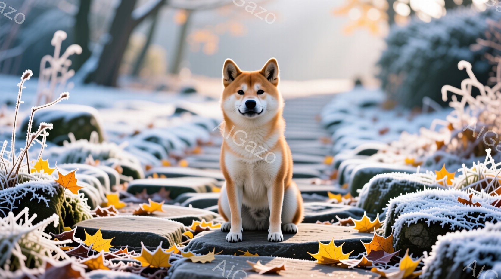 柴犬が石畳の道に座っており、正面を見つめて微笑んでいるように見える。背景には霜で覆われた植物があり、落葉が石畳に散らばっていることから、冬の穏やかな朝の光景であることがわかる。全体的に、暖かく、静かで、平和な雰囲気を醸し出している。