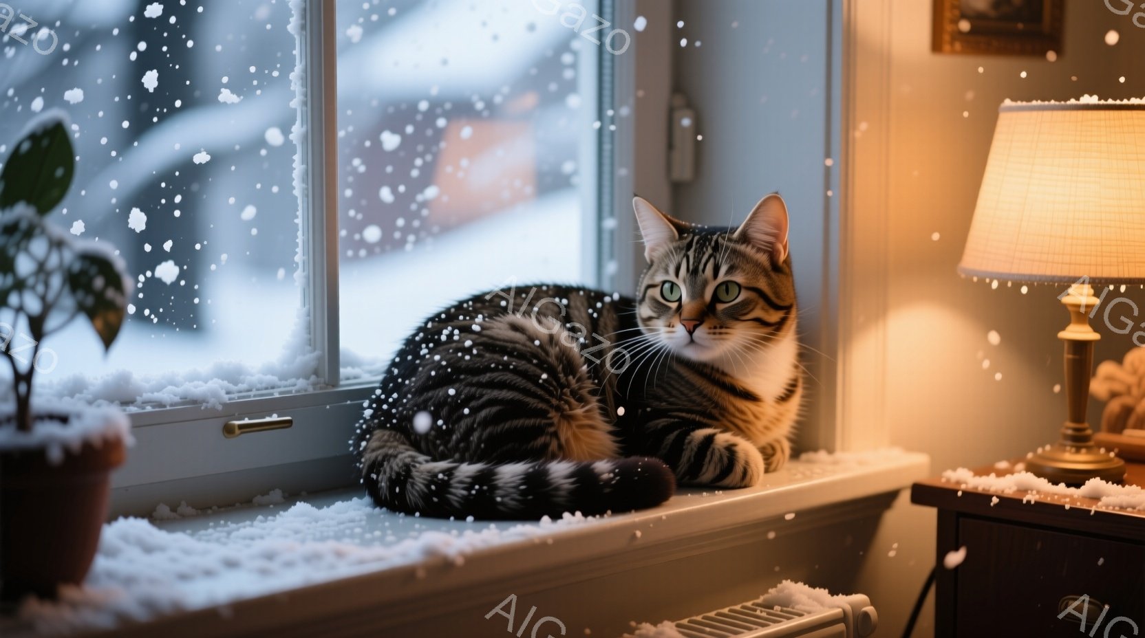 白い窓辺に、縞模様の猫が丸まって座っています。外は雪が降り積もり、窓ガラスには雪が貼り付いていますが、室内は暖かく穏やかな雰囲気です。猫は緑色の目を細め、リラックスした表情で雪景色を眺めているようです - AI生成フリー素材