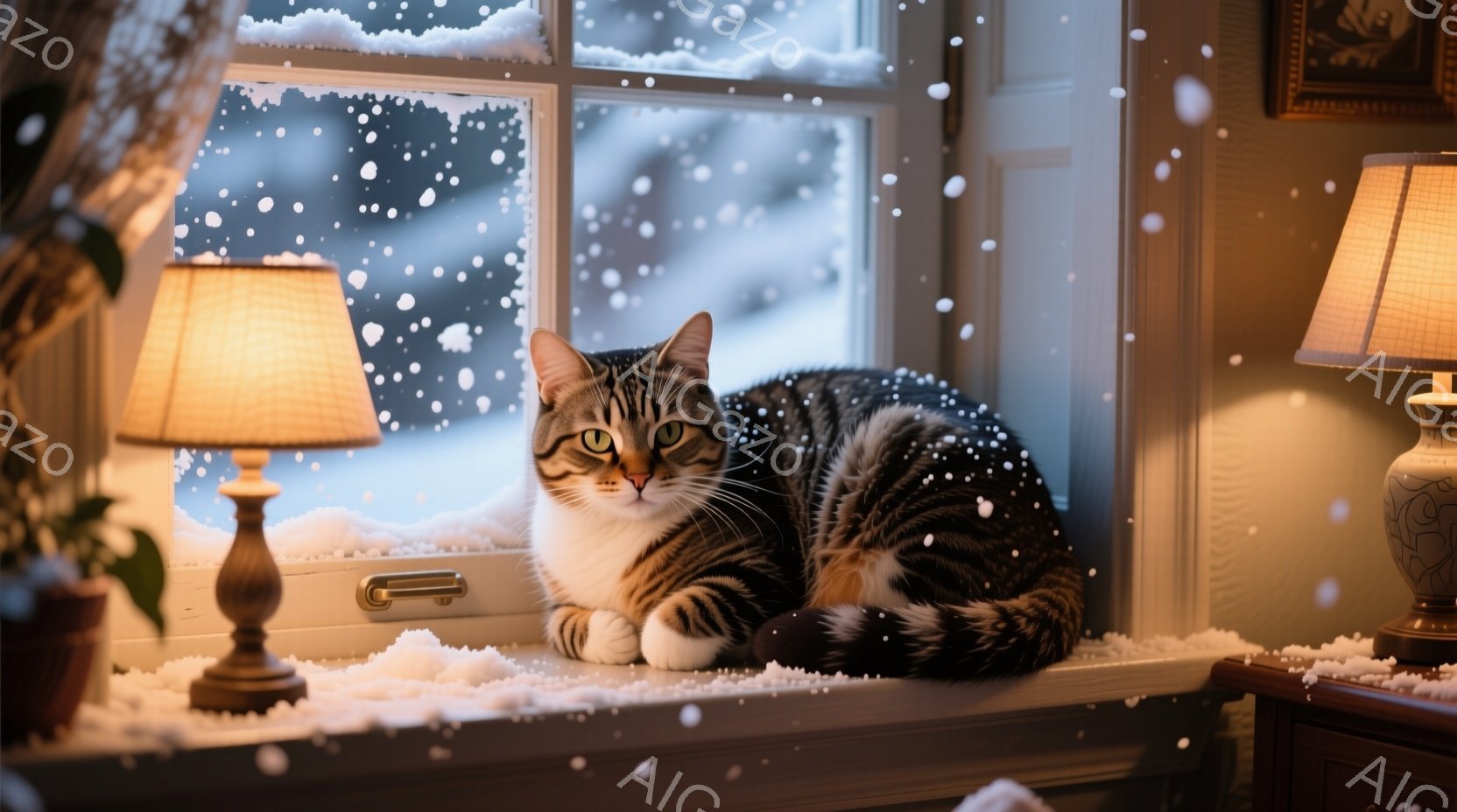 暖炉の前で三毛猫が丸まって眠っています。木造の室内には薪が積み重ねられ、素朴な雰囲気を感じさせます。暖炉の炎が室内を照らし、温かく穏やかな空間を演出しています。 - AI生成フリー素材