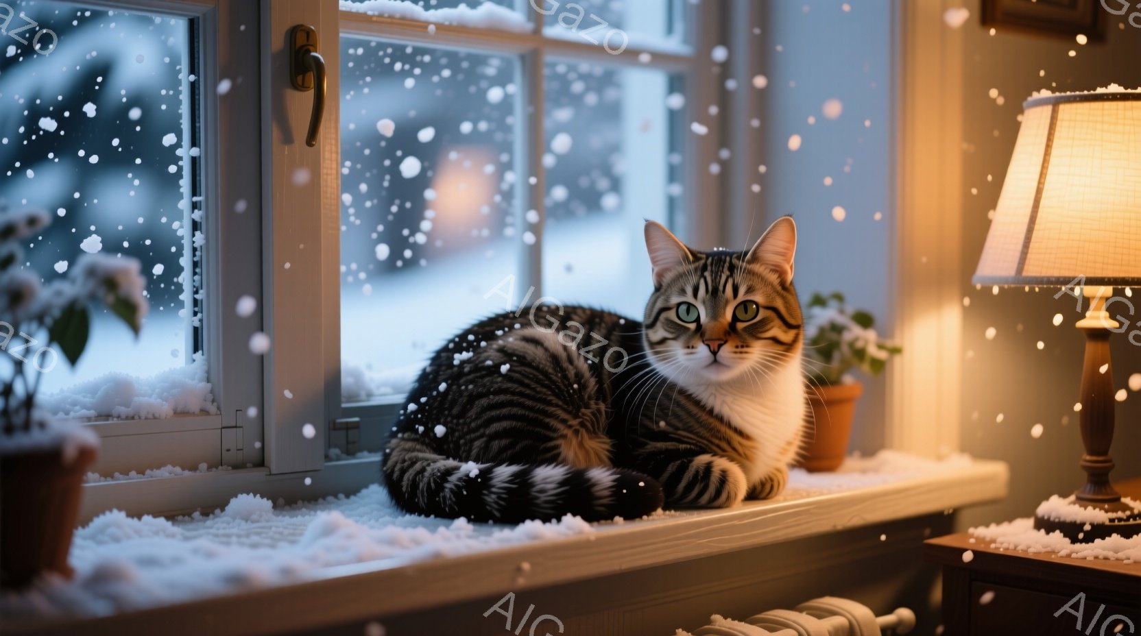 白い胸元と縞模様の毛並みを持つ猫が、雪が降る窓辺に丸まって座っています。窓の外は雪景色で、室内は暖かく、テーブルランプの光が猫を照らしています。穏やかで静かな冬の日の雰囲気が伝わってきます。 - AI生成フリー素材