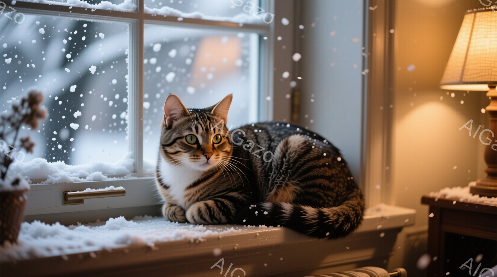 白と黒の縞模様の猫が窓辺に丸まって座っています。外は雪が降り積もり、窓ガラスには雪が付着して景色がぼやけています。室内は暖かく、テーブルランプの光が猫を優しく照らし、穏やかで静かな冬の雰囲気を醸し出しています。