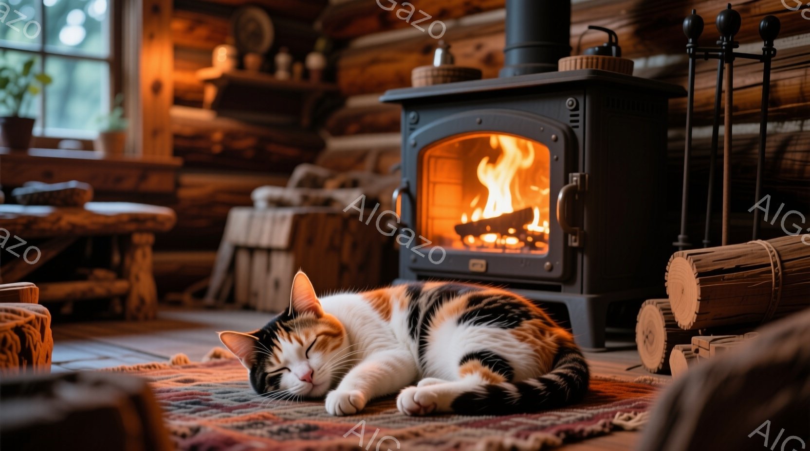 白と黒のまだら模様の猫が、カラフルな敷物の上で丸まって眠っています。背景には暖炉があり、炎が燃え盛って部屋全体を温かい光で満たしています。暖炉の周りには薪が積み重ねられ、木造の壁と自然な雰囲気が、居心 - AI生成フリー素材