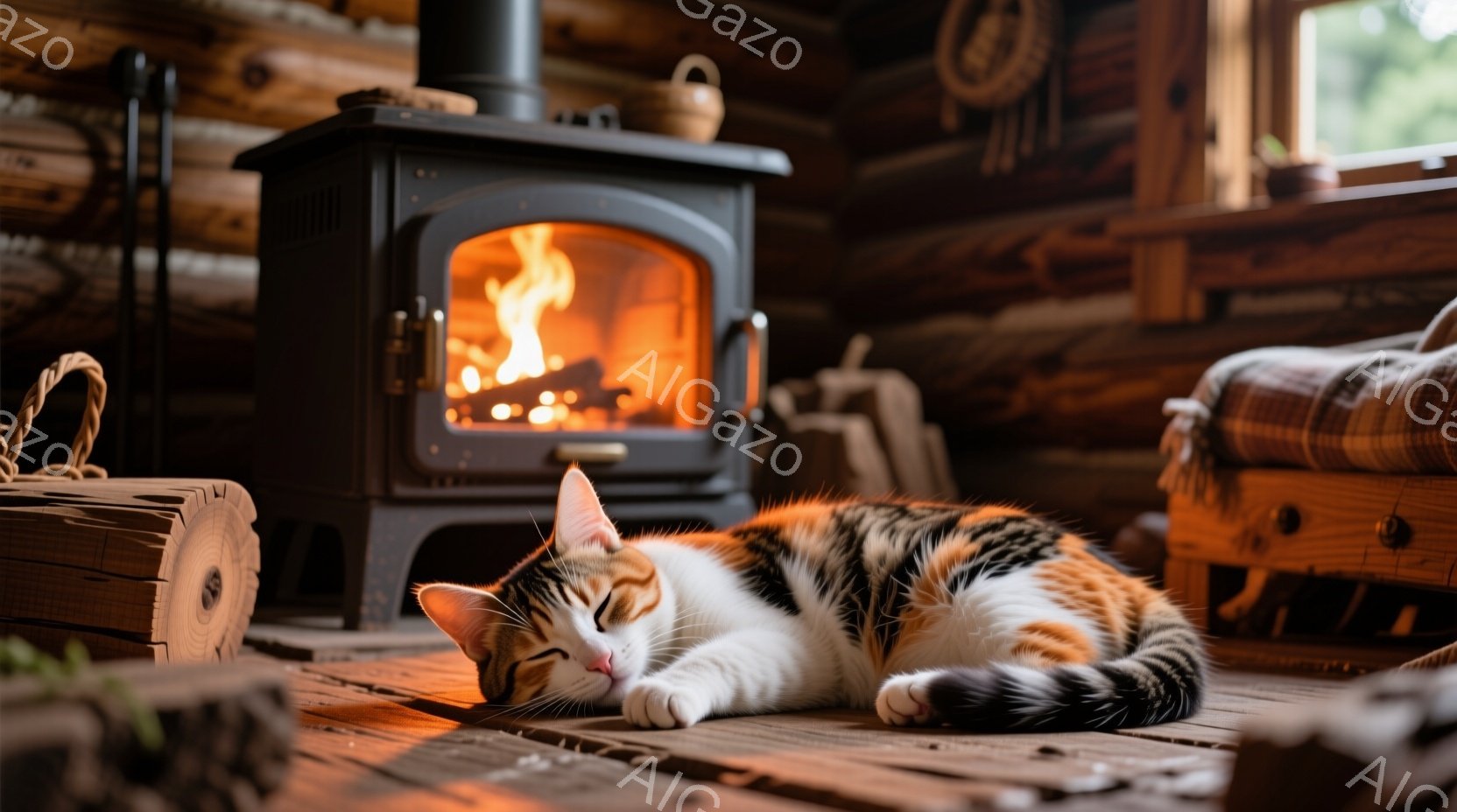 暖炉のそばの木の床に、三毛猫が丸まって眠っています。猫は目を閉じ、リラックスした表情で、毛並みは暖炉の光に照らされて柔らかく見えます。背景には木の壁と家具があり、暖かい室内でくつろいだ雰囲気です。 - AI生成フリー素材