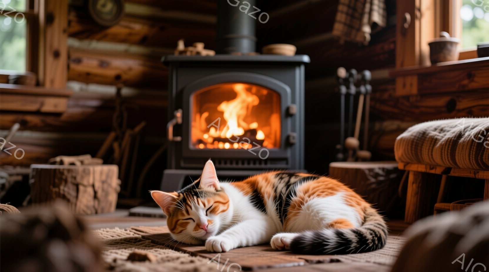 暖炉の前で三毛猫が丸まって眠っています。猫はクリーム色と茶色の模様で、リラックスした表情で目を細めています。背景は木の壁と暖炉があり、素朴で温かい雰囲気が漂っています。 - AI生成フリー素材