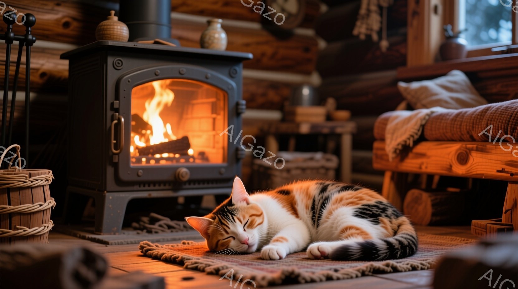 暖炉の前で、白とオレンジ色の模様の猫が丸まって眠っています。木製の床には小さな敷物が敷かれ、猫は心地よさそうにリラックスしています。背景には薪ストーブや木製の家具が見え、温かく居心地の良い雰囲気で満た - AI生成フリー素材