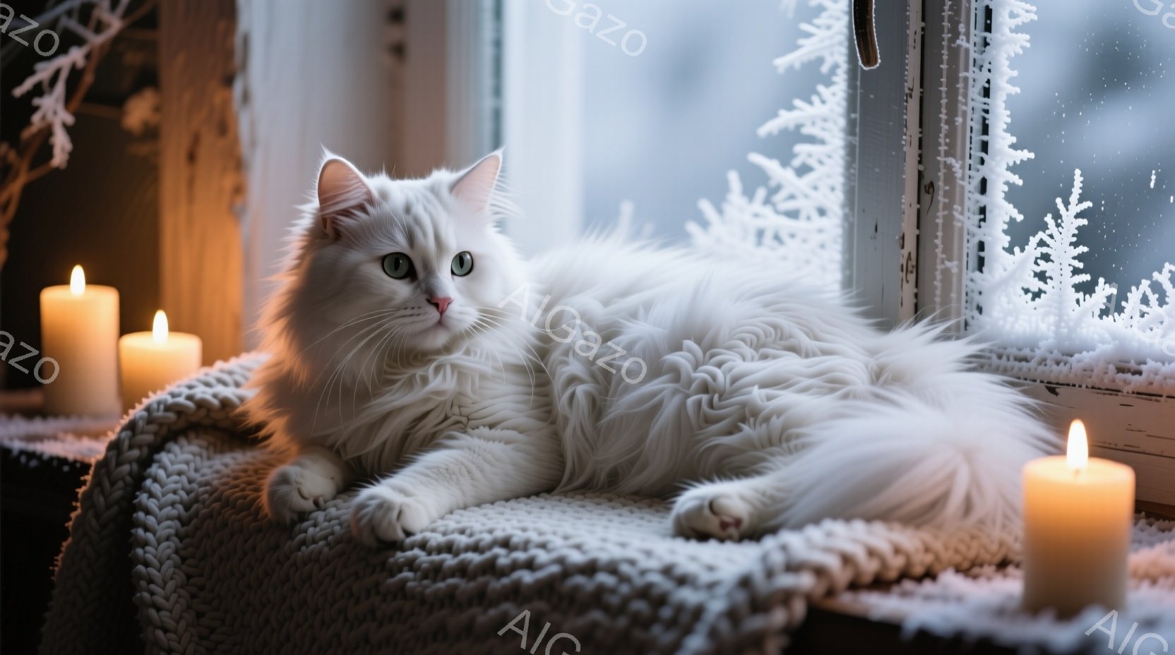 白いふわふわの猫が、編み物の敷物の上に横たわっている。窓の外には雪が降り積もり、窓枠には氷の結晶が模様のように描かれている。暖かく穏やかな光が灯り、猫の毛並みと窓辺の雪景色が、静かで安らかな冬の雰囲気 - AI生成フリー素材