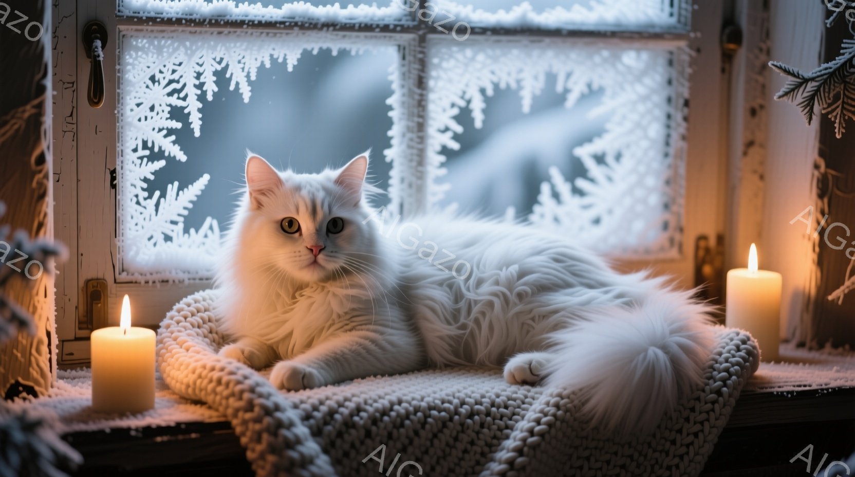 暖炉の前でオレンジ色の縞模様の猫が、火花棒を前足で軽く叩いている様子が捉えられています。猫は興味津々とした表情で前を見つめ、体全体がリラックスしたポーズをとっています。背景にはレンガ造りの暖炉があり、 - AI生成フリー素材