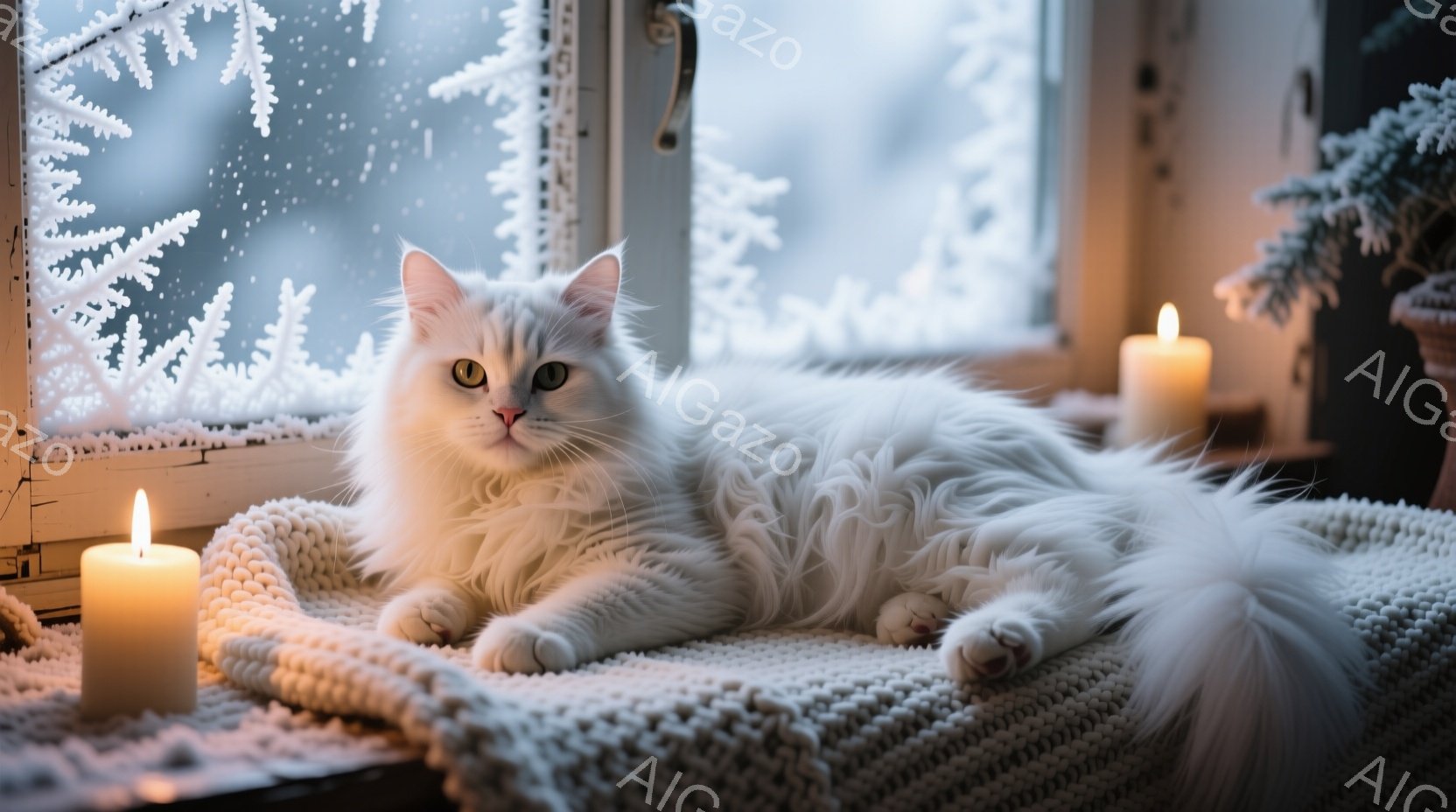 ふわふわの白い長毛の猫が窓辺の白いニットのクッションの上でくつろいでいます。窓の外には雪が降り積もり、キャンドルの灯りが暖かく猫を照らしています。背景にはクリスマスの飾りが見え、冬の穏やかで心地よい雰 - AI生成フリー素材