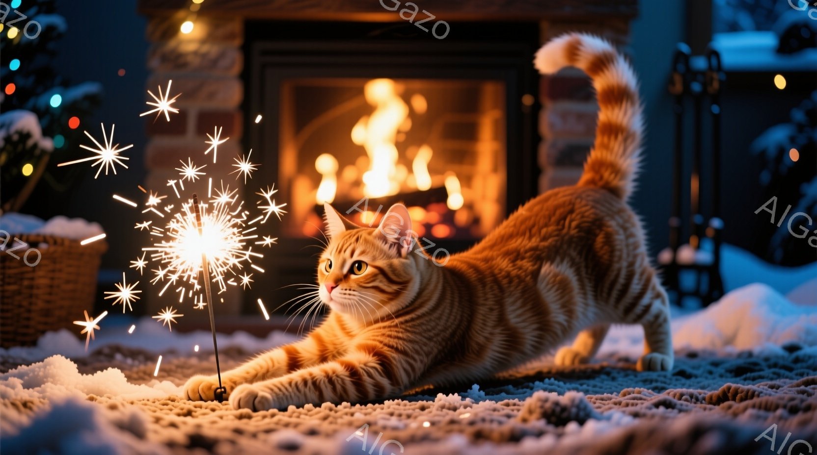 暖炉の前で、オレンジ色の縞模様の猫が花火棒を前足で叩いて遊んでいます。猫は前かがみになり、興味津々な表情で花火を見つめており、背景には燃え盛る暖炉と、雪景色が見える窓があります。全体的に、暖かく、居心 - AI生成フリー素材