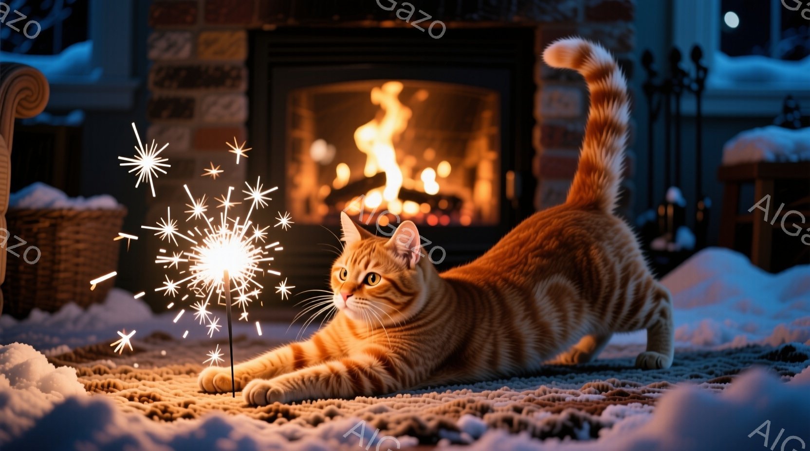 オレンジ色の縞模様の猫が、厚いカーペットの上で輝く花火棒を前足で追いかけようとしています。背景には暖炉があり、燃え盛る炎が部屋を明るく照らし、冬の夜の暖かく居心地の良い雰囲気を醸し出しています。窓の外 - AI生成フリー素材