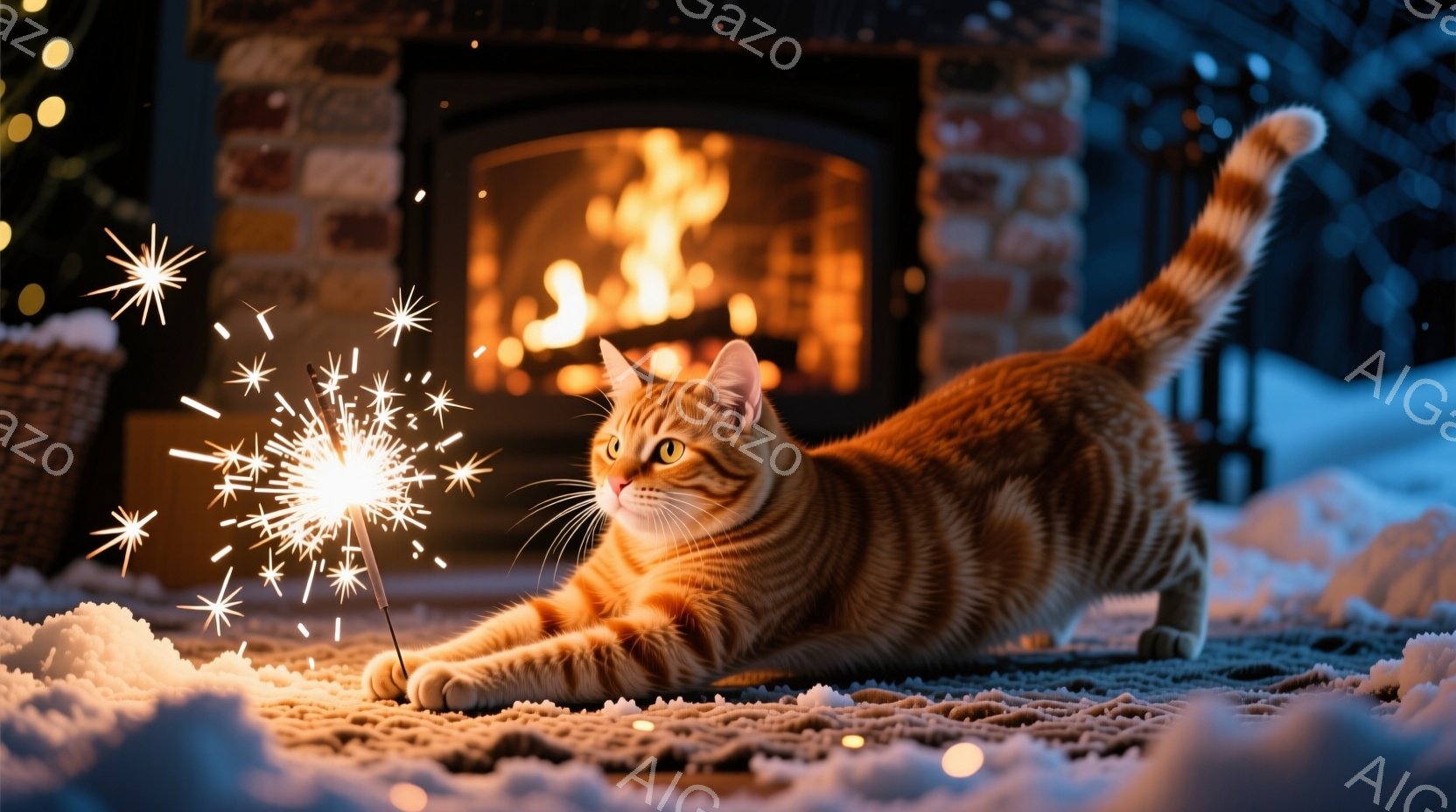 暖炉の火が照らす室内で、オレンジ色の縞模様の猫が光る棒を追いかけようとしています。猫は前足を伸ばし、体を伸ばして遊び心にあふれた表情をしています。背景にはレンガ造りの暖炉と、雪が積もった窓の外が見え、 - AI生成フリー素材