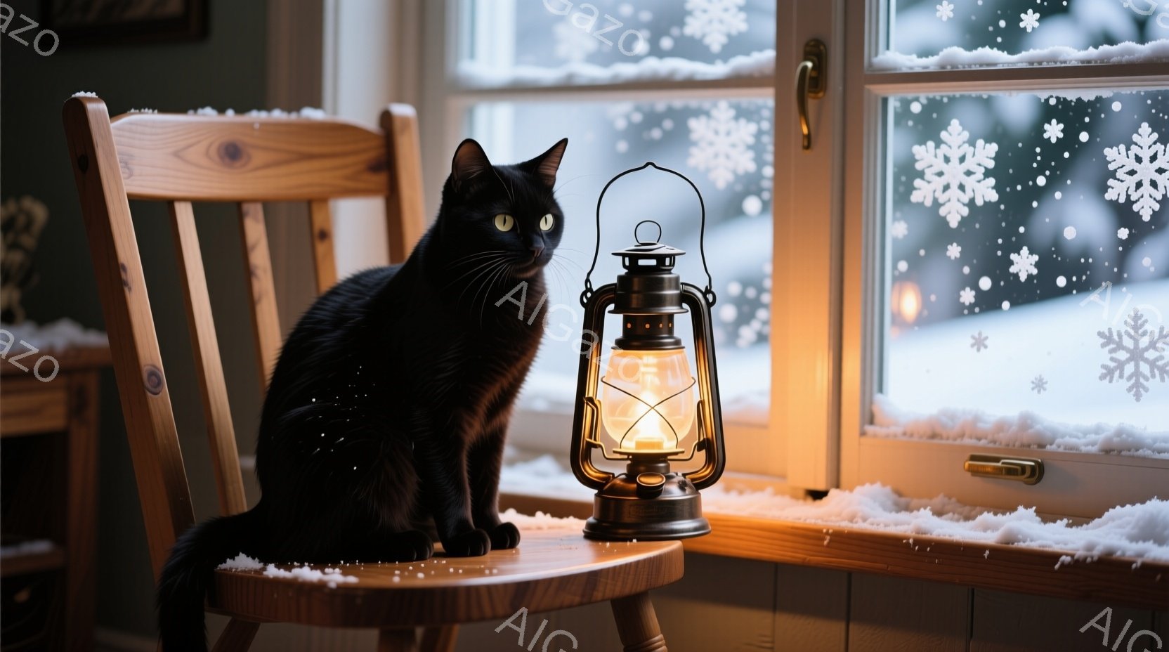 黒猫が木製の椅子に座ってこちらを見ています。窓の外は雪が降り積もり、窓辺には点灯したランタンが暖かな光を放っています。冬の静かで穏やかな雰囲気が漂い、猫の落ち着いた表情と相まって、心温まる光景です。 - AI生成フリー素材