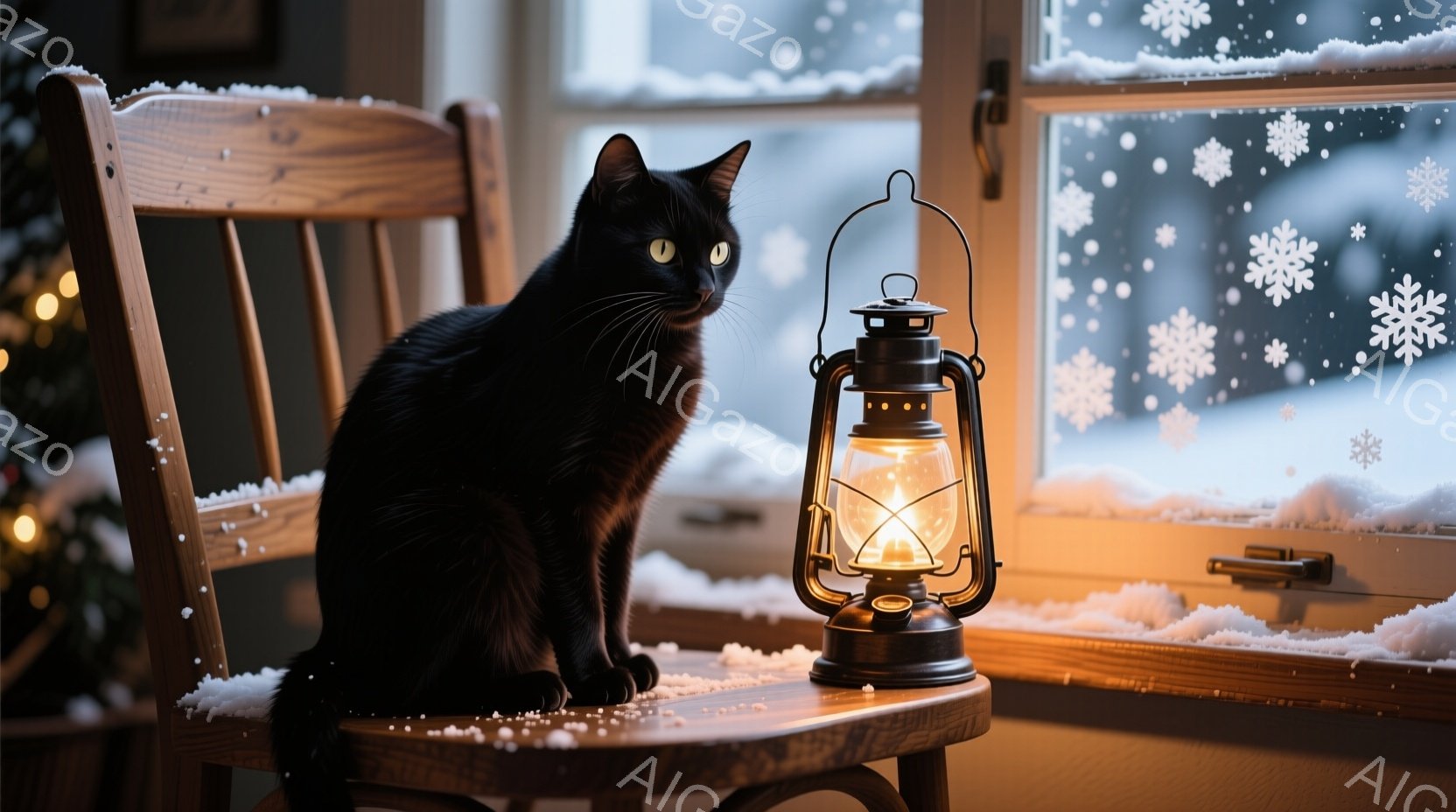 黒猫が椅子に座り、窓の外を眺めている。窓の外は雪景色で、窓辺には暖かく光るランタンが置かれている。室内は温かい光に包まれ、クリスマスの雰囲気を感じさせる静かで穏やかなシーンだ。 - AI生成フリー素材