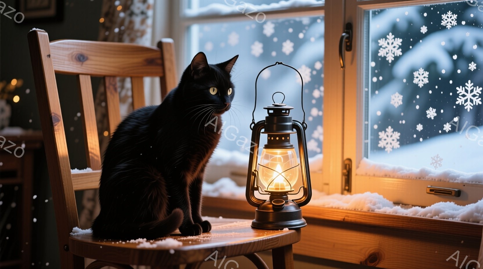 黒猫が木製の椅子に座り、窓の外の雪景色を見つめている。窓辺には灯油ランプが置かれ、暖かく柔らかな光を放ち、雪の結晶が描かれた窓ガラスが冬の雰囲気を高めている。全体的に、暖かく、静かで、冬の日の穏やかな - AI生成フリー素材