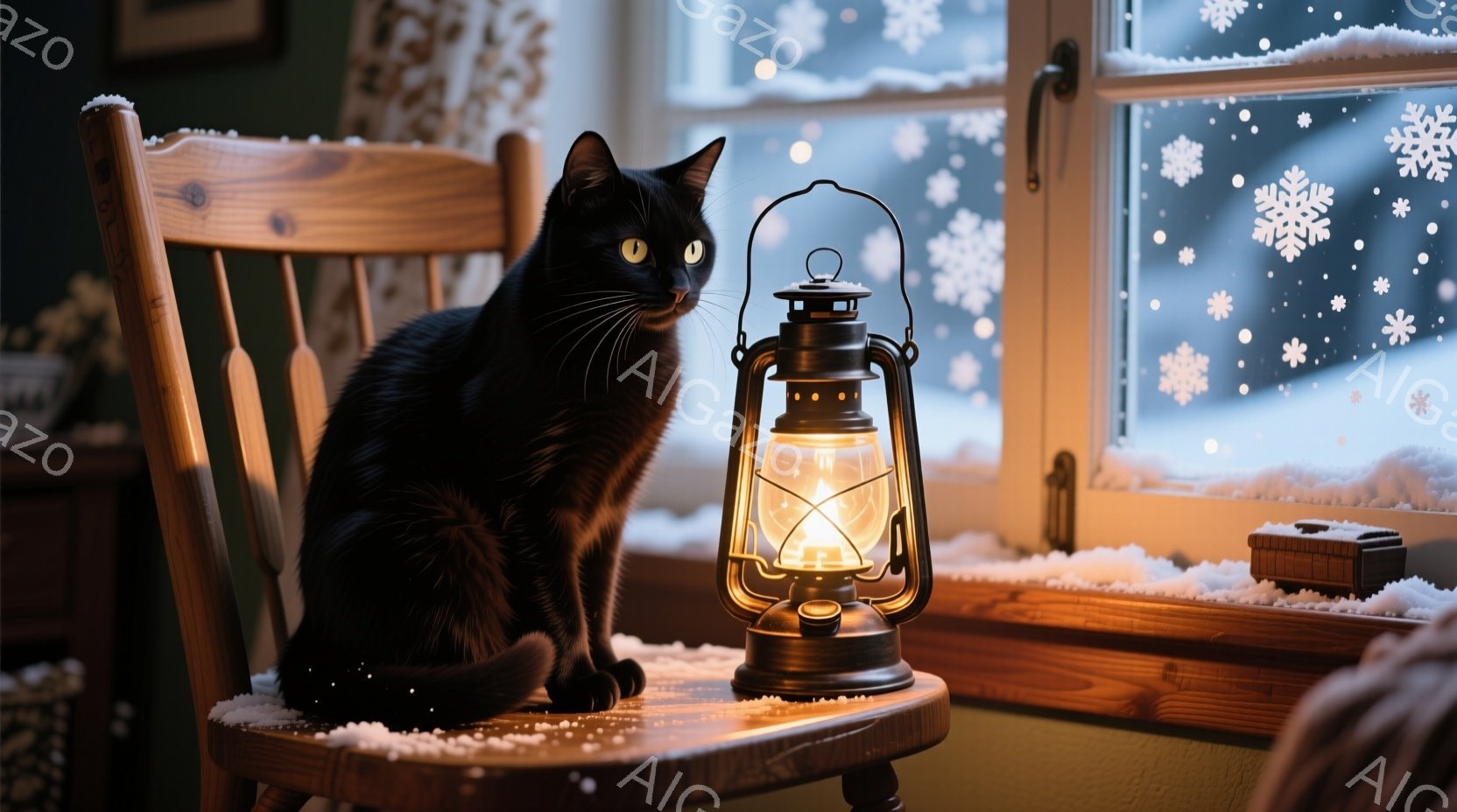 黒い猫が木の椅子に座ってこちらを見ています。椅子と窓辺には雪が積もり、暖炉から灯りが灯ったランタンが置かれています。背景の窓からは雪が舞う冬景色が見え、室内は温かく、静かで、穏やかな雰囲気が漂っていま - AI生成フリー素材