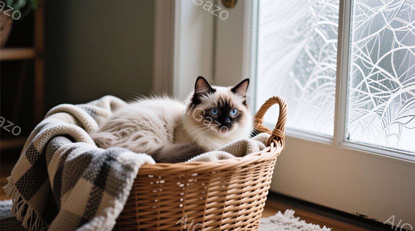 白と茶色の美しい猫が、籐編みの籠の中に丸まって横たわっています。籠の中には、白とグレーのチェック柄の毛布が敷かれており、猫はリラックスした表情で正面を見つめています。背景には窓があり、模様入りのガラス - AI生成フリー素材