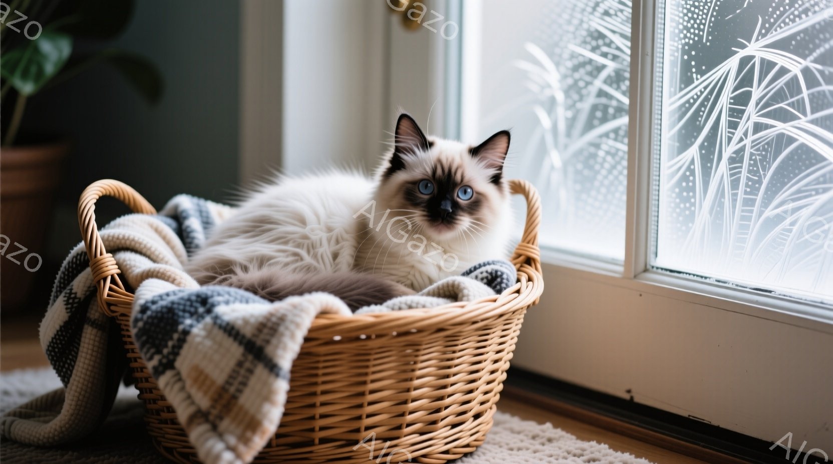 長毛の灰色の猫が窓辺に座り、外の雪景色を眺めている。窓の外には雪に覆われた木々が広がり、冬の静寂な雰囲気が漂っている。猫はリラックスした姿勢で、どこか物思いにふけっているように見える。 - AI生成フリー素材