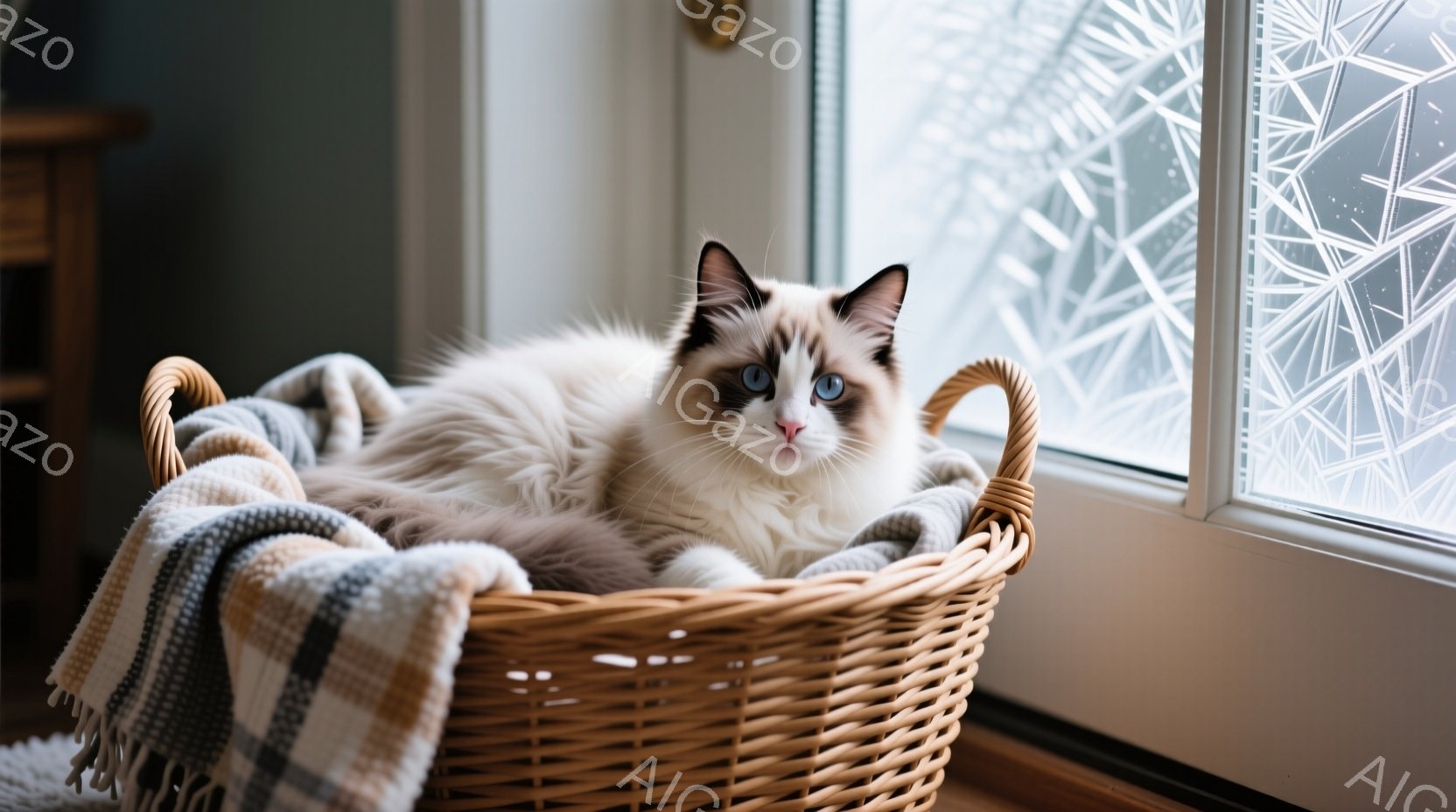 白と茶色の毛並みの美しい猫が、籐で編まれたかごの中にゆったりと横たわっている。猫は青い目を持ち、穏やかでリラックスした表情をしている。背景には窓があり、霜模様が描かれており、冬の静かで温かい雰囲気を醸 - AI生成フリー素材
