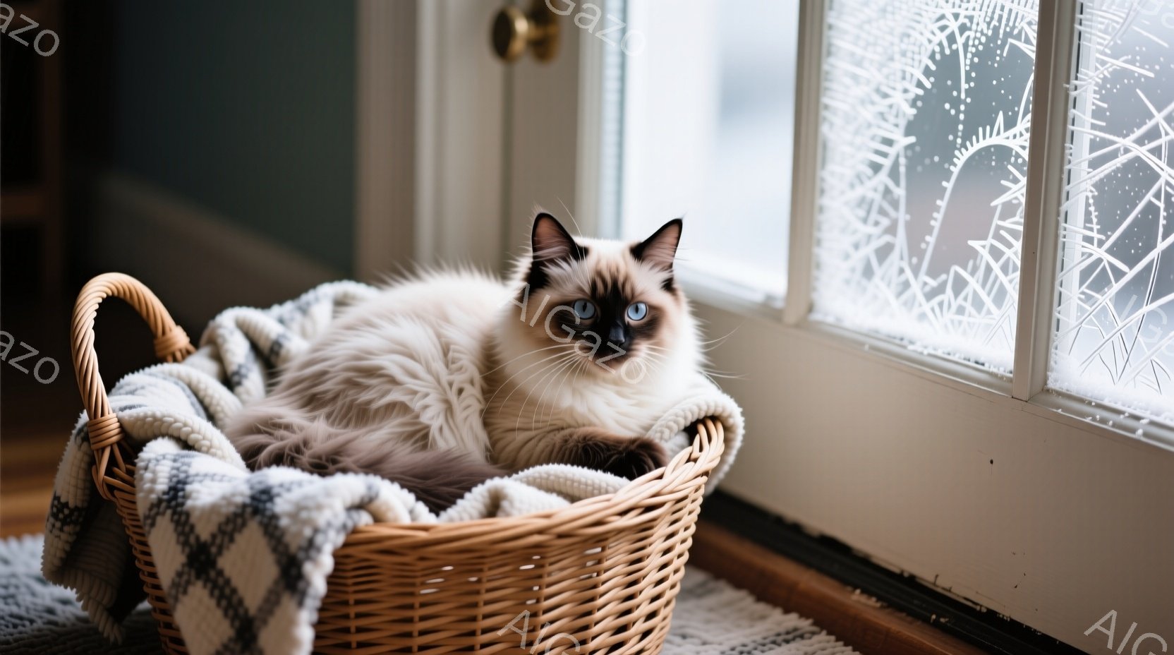 籐で編まれたバスケットに、クリーム色と茶色の毛並みが美しいシャム猫が丸まって眠っている。猫は青い目を開き、ゆったりとした表情で、温かい毛布に包まれている。背景には白い窓枠と、霜が降りた窓が見え、穏やか - AI生成フリー素材