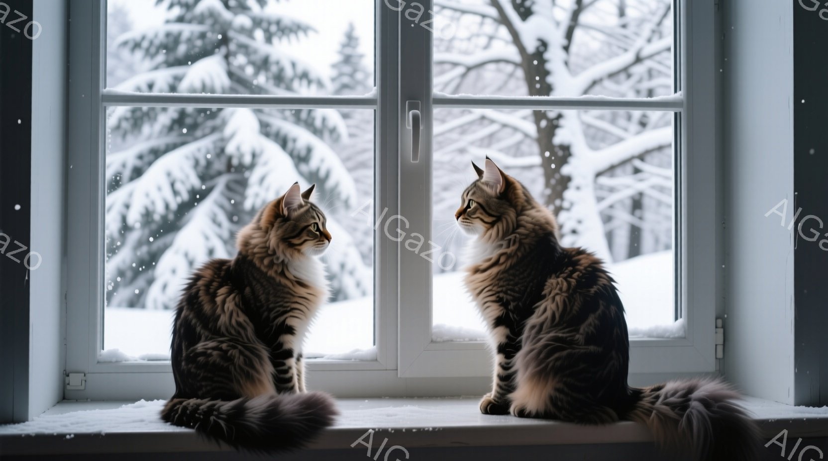 窓辺に二匹の縞模様の猫が向き合って座っており、互いにじっと見つめ合っています。外は雪景色で、窓枠には雪が積もり、背景には雪に覆われた木々が見えます。全体的に、静かで穏やかな冬の雰囲気が漂っています。