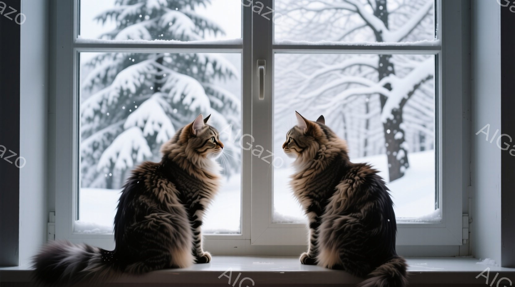 ふわふわの毛並みを持つ二匹の猫が、白い窓辺に並んで座り、互いにじっと見つめ合っています。背景には雪に覆われた木々が見え、冬の静寂な風景が広がっています。全体的に穏やかで、温かい雰囲気を感じさせる写真で - AI生成フリー素材