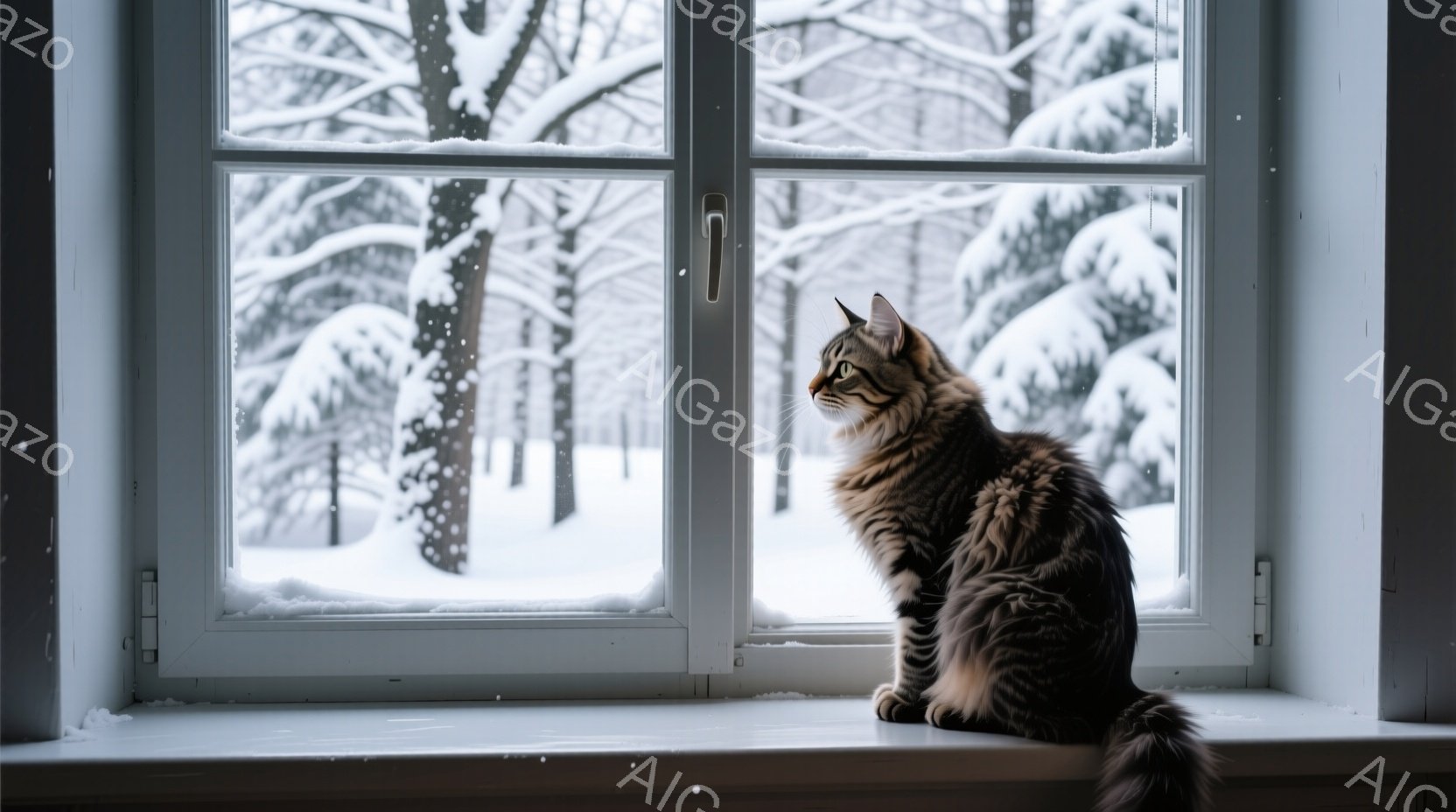 縞模様の猫が窓枠に座り、雪景色を眺めている。窓の外は雪に覆われた木々が立ち並び、冬の静寂な雰囲気を醸し出している。猫は横を向いており、その毛並みはふさふさとしていて、寒さから身を守っているようだ。 - AI生成フリー素材