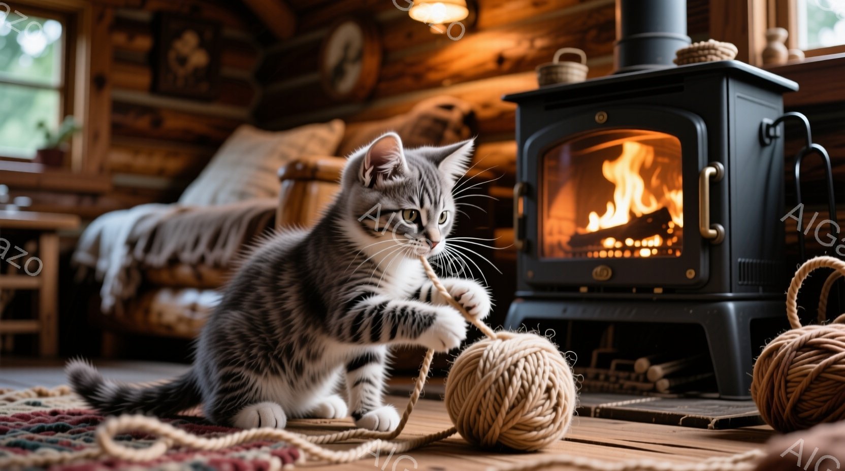 縞模様の小さな子猫が、木の床に置かれた毛糸玉と遊んでいます。背景には黒い暖炉があり、炎が暖かく光り、居心地の良い雰囲気を醸し出しています。部屋は木造で、素朴な雰囲気で、全体的に温かくリラックスした空間 - AI生成フリー素材