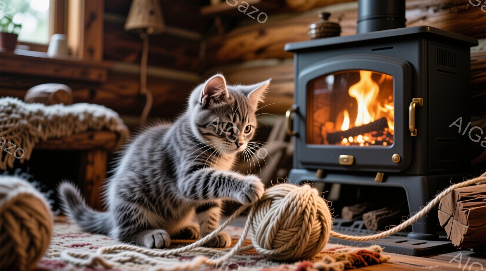 縞模様の小さな子猫が、ぼんやりとしたピンクと茶色の敷物の上で毛糸玉と遊んでいます。子猫は前足を伸ばし、毛糸玉を軽く叩いており、遊び心いっぱいの表情です。背景には黒色の暖炉があり、燃え盛る炎が暖かく心地よい雰囲気を醸し出しています。