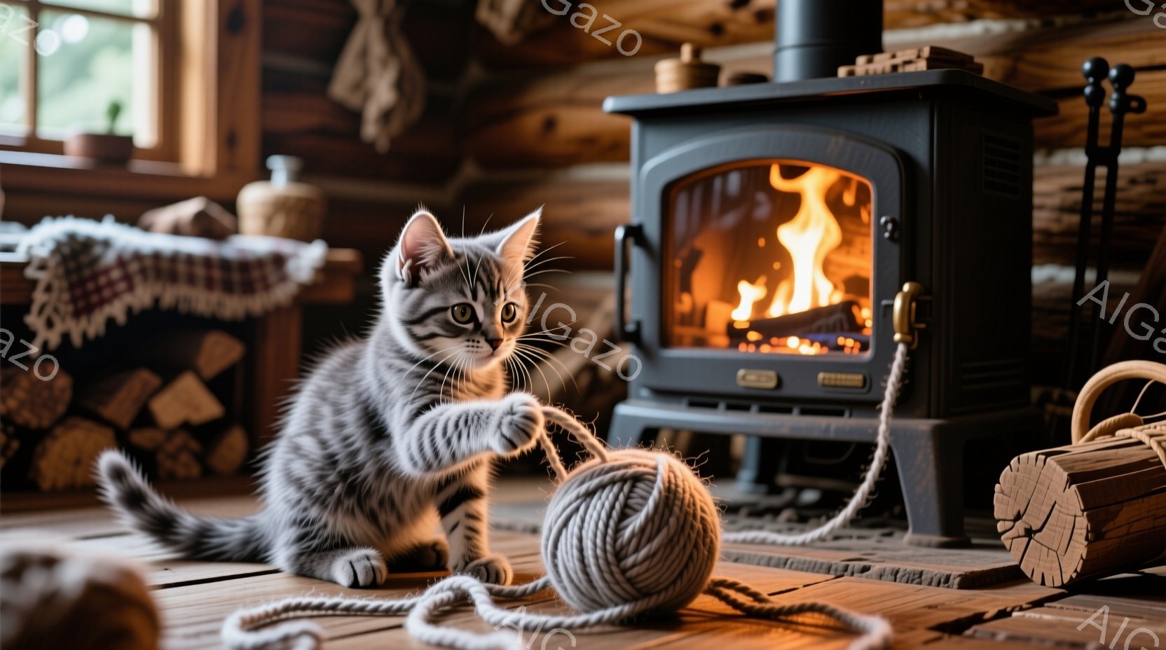 灰色の縞模様の小さな子猫が、木の床の上で毛糸玉と戯れています。暖炉が背景にあり、炎が暖かく明るい光を放っており、部屋全体を照らしています。暖炉の周りには薪が積み上げられており、素朴で居心地の良い雰囲気 - AI生成フリー素材