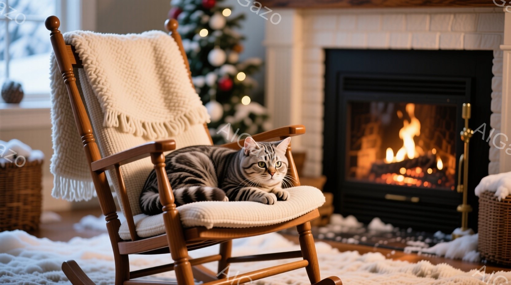 縞模様の猫が、クリーム色の毛布のかかったロッキングチェアにゆったりと横たわっています。暖炉の炎が暖かく、背景にはクリスマスツリーが飾られ、雪が降る冬の日の温かい家庭的な雰囲気が漂っています。柔らかい絨 - AI生成フリー素材