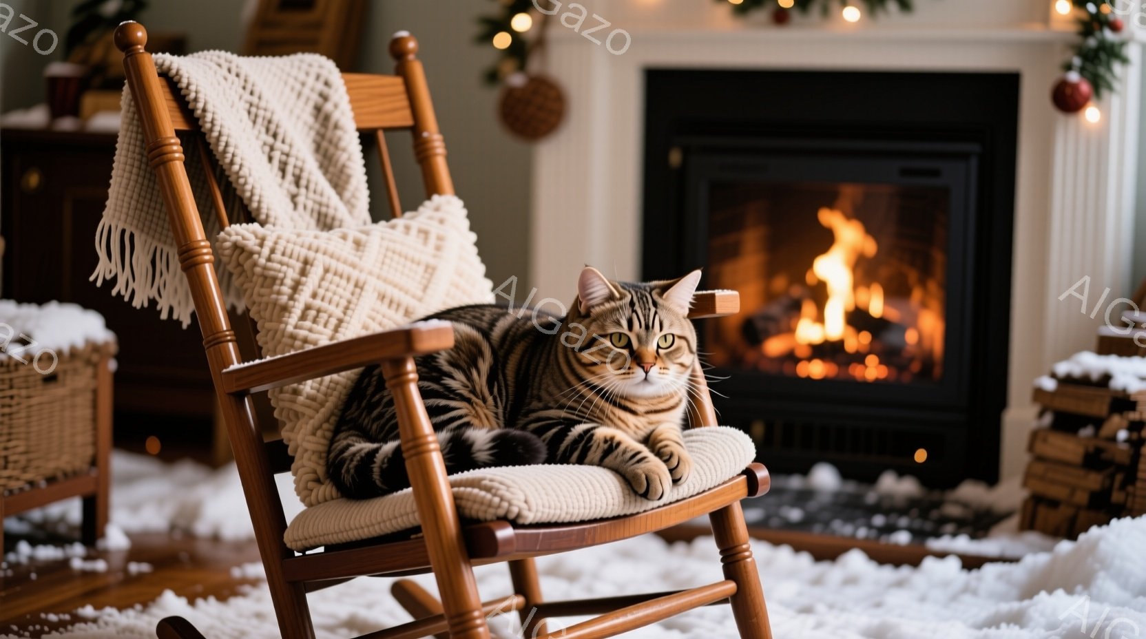 縞模様の猫がロッキングチェアにゆったりと横たわっており、穏やかな表情でこちらを見ている。暖炉が背景に見え、温かく心地よい雰囲気で、周りには雪が積もっていることから冬の室内であることがわかる。ロッキング - AI生成フリー素材
