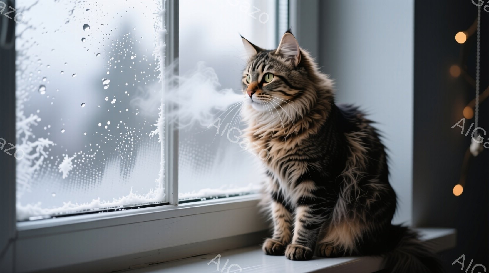 長毛のキジトラ猫が窓辺に座り、外を眺めている。窓には雨粒が付き、猫の白いひげには白い息が漂っていることから、寒い冬の日の様子が伺える。背景はぼやけているが、窓の外は暗く、室内は暖かく落ち着いた雰囲気である。