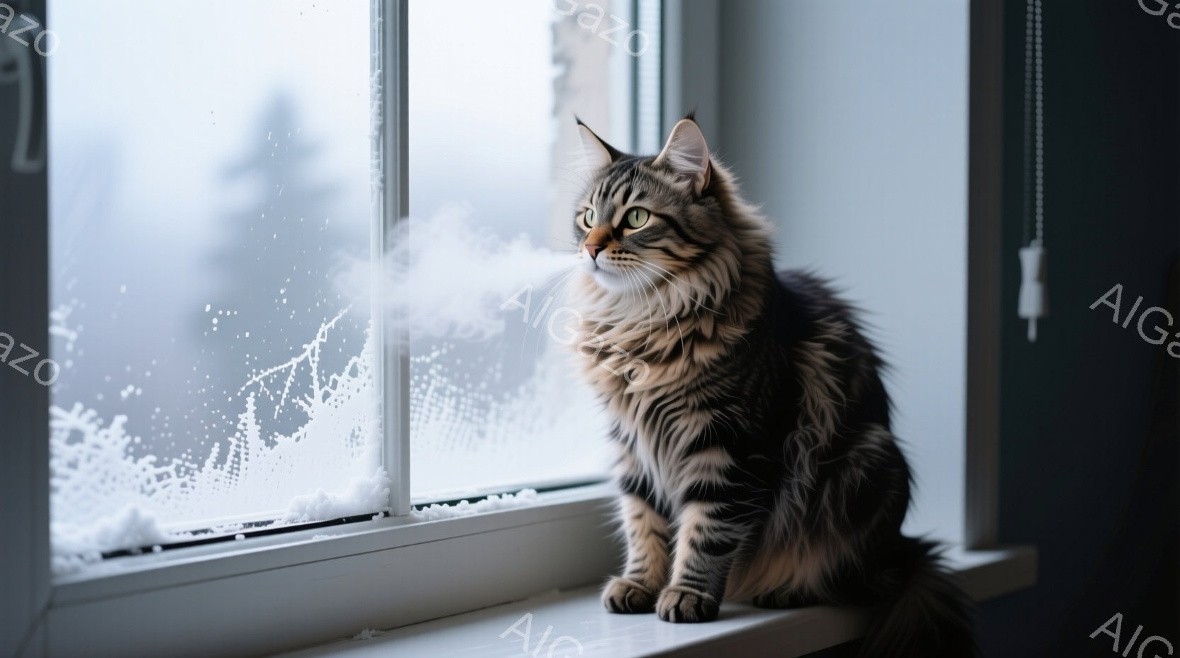 長毛の猫が窓枠に座り、外をじっと見つめている。窓ガラスには雪が降り積もり、背景は白くぼやけていて、寒い冬の日の雰囲気を醸し出している。猫は少し憂いを含んだ表情で、静かに外界を観察している。 - AI生成フリー素材