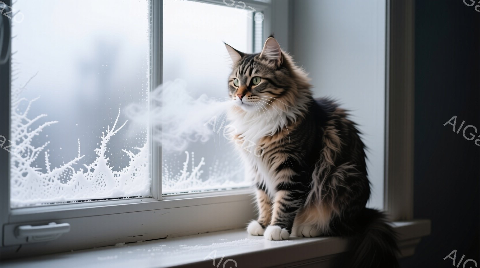 長毛の縞模様の猫が窓辺に座り、外を眺めている。窓ガラスには霜がおり、背景はぼやけているが、雪景色がうかがえる。猫は少し憂いを帯びた表情で、冬の静かな雰囲気を醸し出している。 - AI生成フリー素材