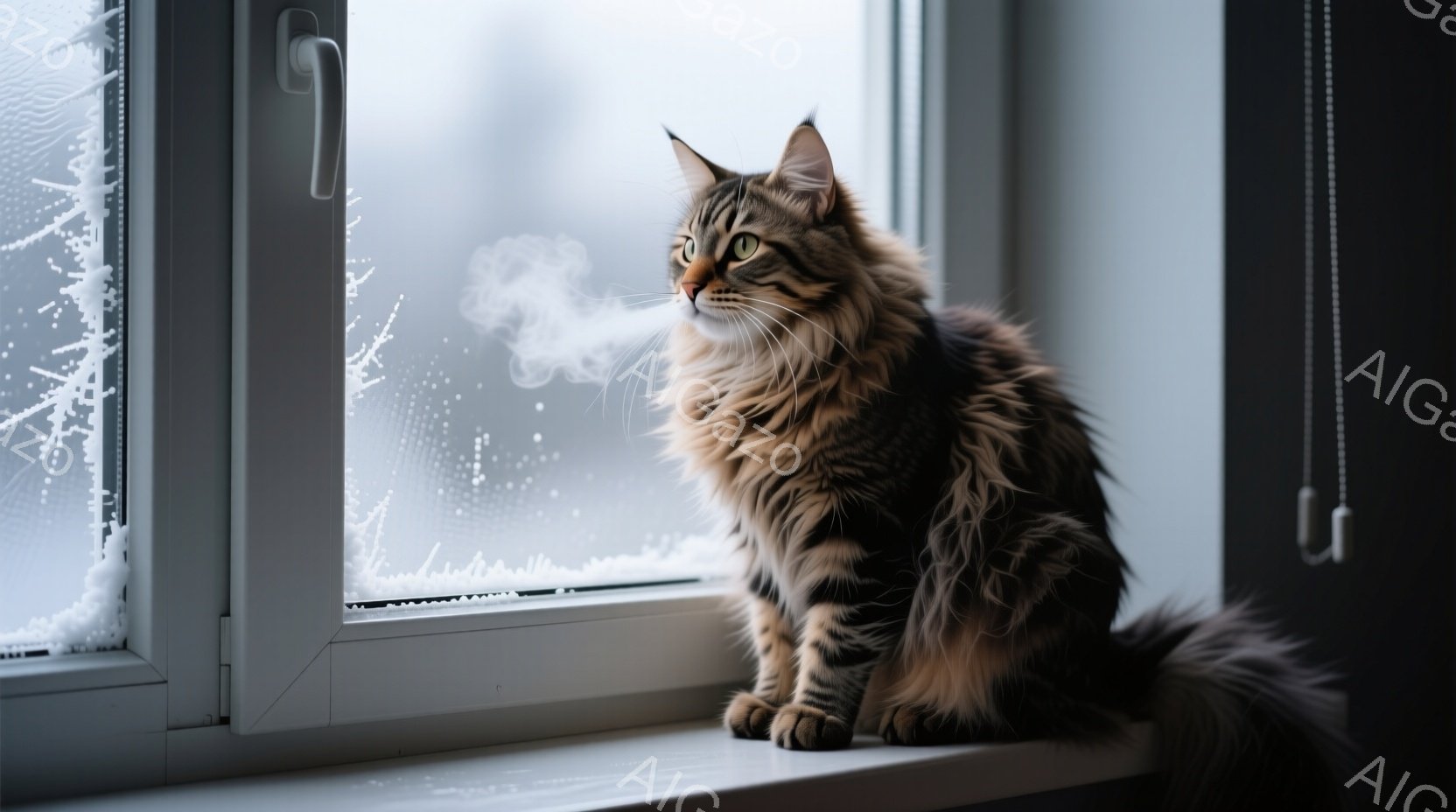 長毛の猫が窓辺に座り、息を吐いて白い蒸気を窓ガラスに映し出している。窓の外は霜で覆われており、冬の寒さを感じさせる風景が広がっている。猫は落ち着いた表情で、窓の外を静かに見つめている様子が捉えられている。