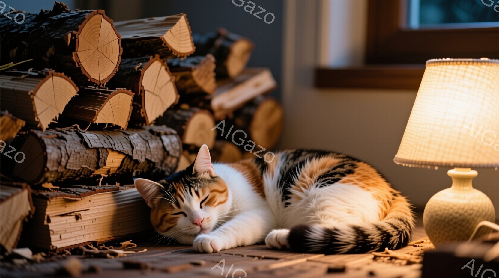 白と茶色のまだら模様の猫が、薪の山の近くの床で丸まって眠っている。猫は目を閉じ、リラックスした表情をしており、温かみのある光が猫の毛並みを照らしている。背景には薪が積み重ねられ、暖炉のある部屋の穏やか - AI生成フリー素材