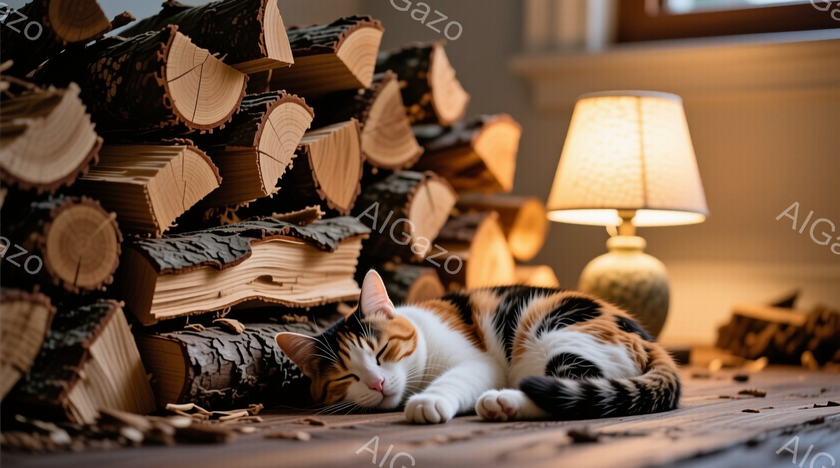 白と茶色のまだら模様の猫が、暖炉のそばの木の薪の山の上で丸くなって眠っています。猫は目を閉じ、リラックスした様子で、木製の床が広がる温かく居心地の良い空間にあります。背景には、柔らかな光を放つテーブル - AI生成フリー素材