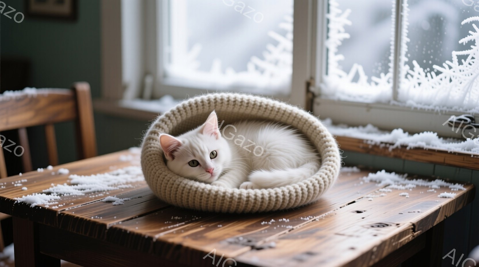 白い猫が、編み物の猫用ベッドの中で丸まって眠っています。窓の外には雪が降り積もり、冬の静寂な雰囲気を醸し出しています。木製のテーブルの上で、猫は暖かく、穏やかな表情をしています。 - AI生成フリー素材