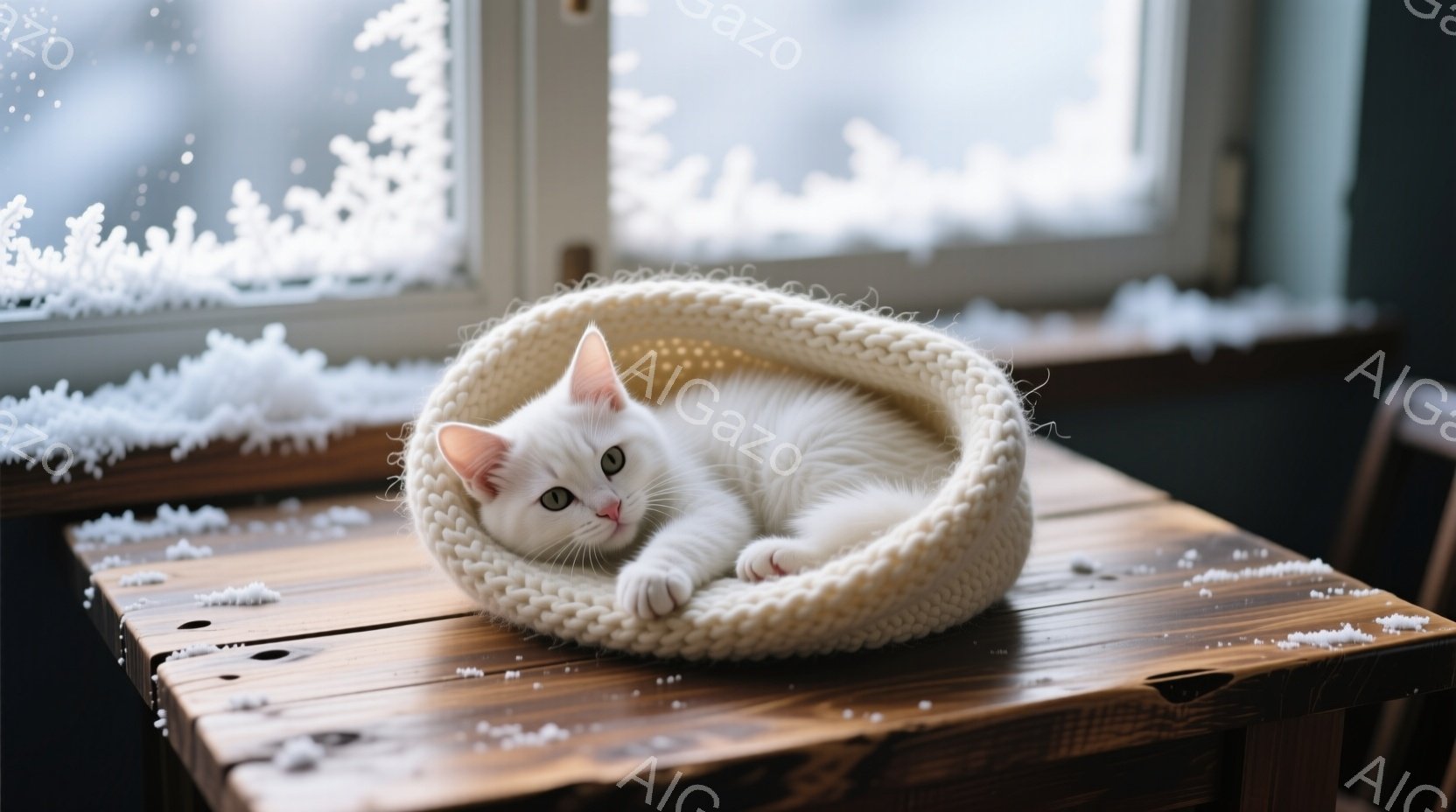 白い猫が、編み物のベッドのようなものに丸まって横になっています。窓の外は雪景色で、テーブルの上にも雪が積もっているように見えます。全体的に暖かく、穏やかな冬の日の雰囲気が漂っています。 - AI生成フリー素材