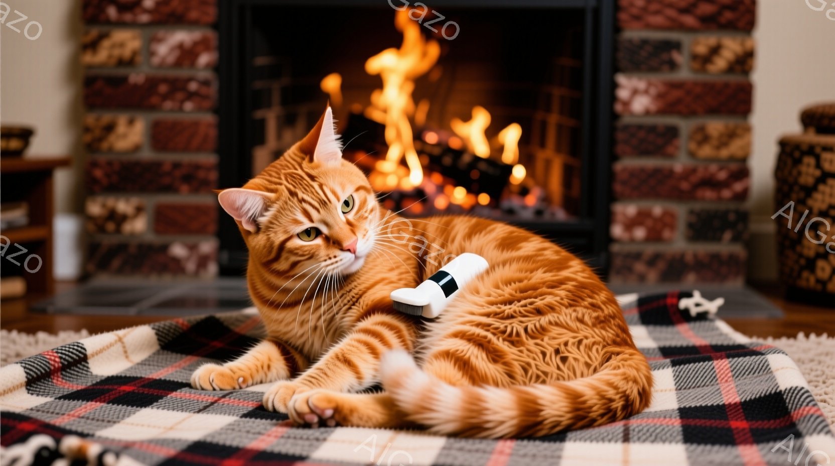 明るいオレンジ色のトラ猫が、赤いチェック柄のブランケットの上に横たわっています。猫はリラックスした表情で、片方の前足には白いバンドが巻かれています。背景には暖炉があり、炎が燃え盛っており、暖かく居心地の良い雰囲気を醸し出しています。